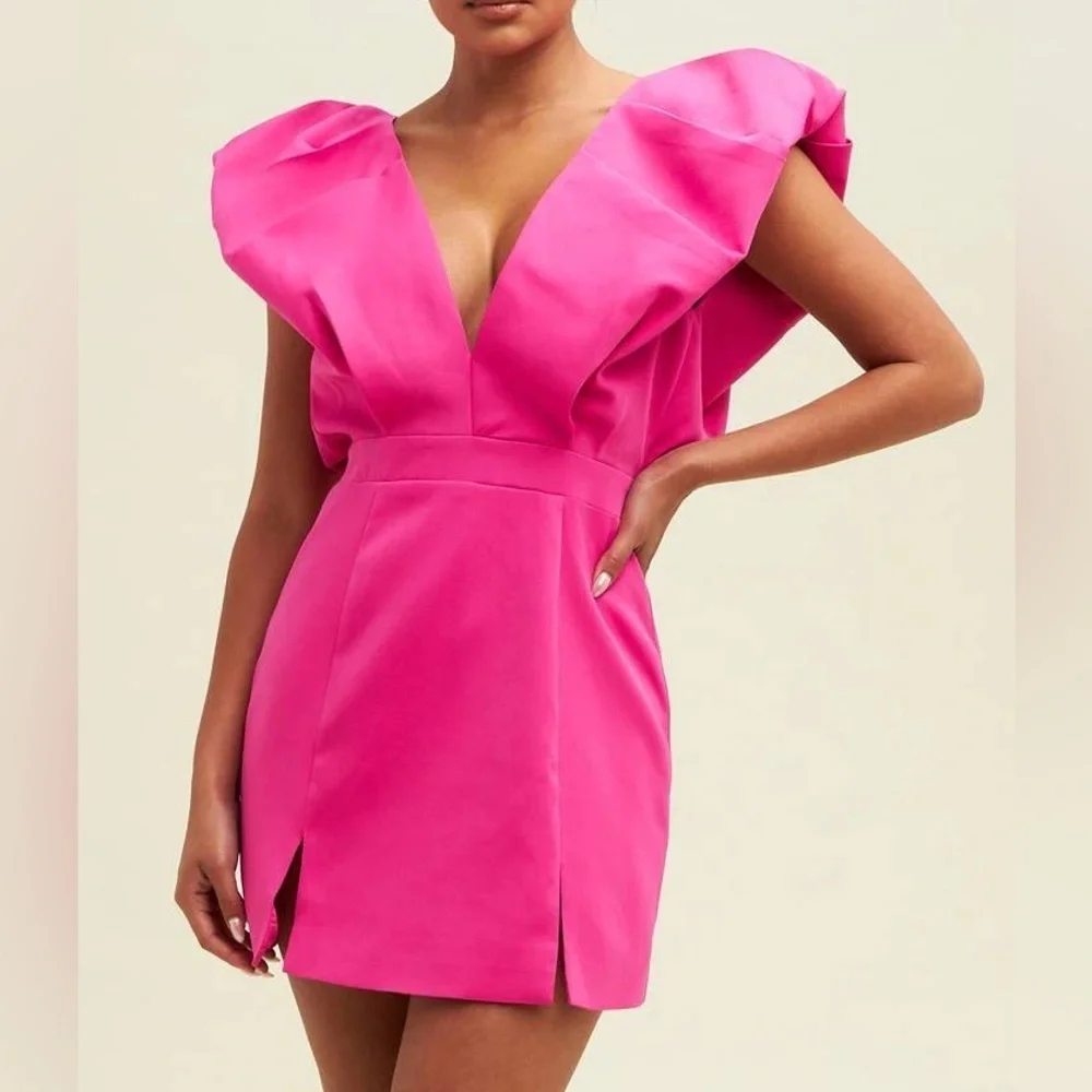 Pink Luxxel Double Slit Open Back Puffy Sleeve Dress Size L